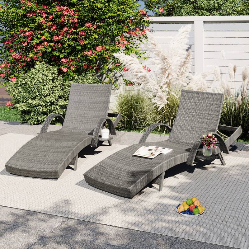 2-piece Outdoor Wicker Chaise Lounge Chairs Set with Pull-out Side Table, Patio Pool Adjustable Reclining Sun Lounger
