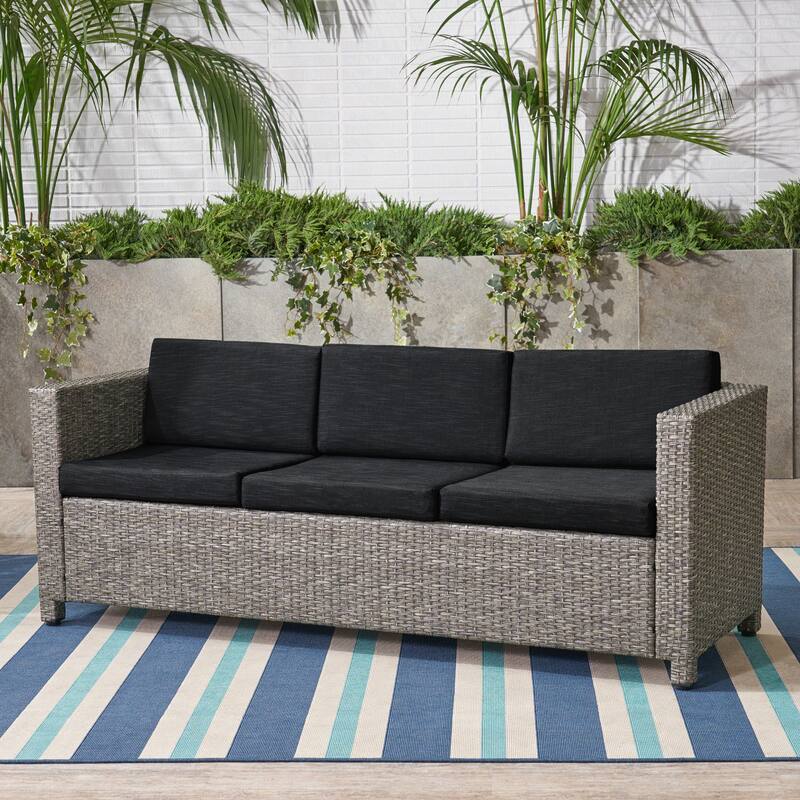Roomfitters Outdoor Sofa with All-Weather Wicker, Removable Cushions, 3-Seater Patio Couch, Black+Grey