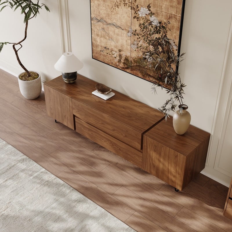 71" Walnut Finish TV Stand with Drawers & Closed Cabinets - Modern Media Console with Open Shelves