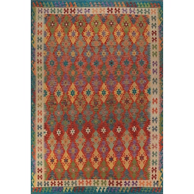 All-Over Geometric Kilim Area Rug Hand-Woven Oriental Wool Carpet - 8'4"x 11'7"