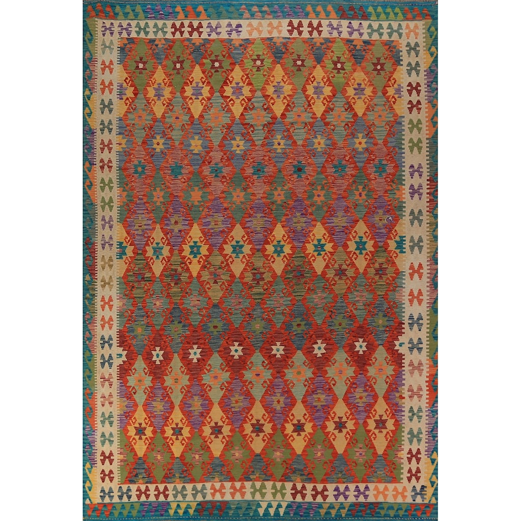 All-Over Geometric Kilim Area Rug Hand-Woven Oriental Wool Carpet - 8'4"x 11'7"