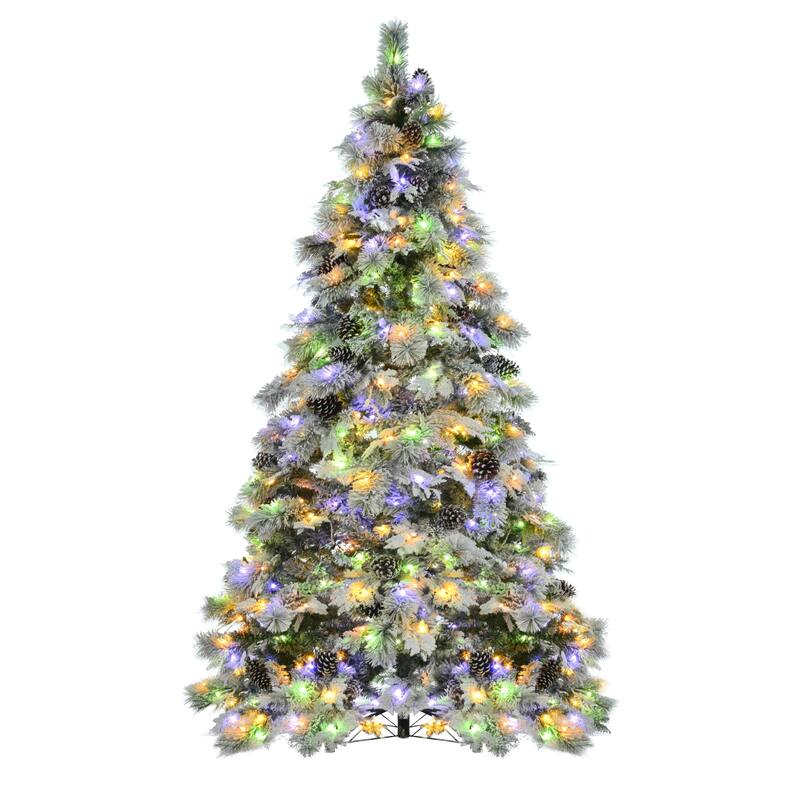 Artificial Snow Flocked Christmas Tree with Pine Cones and LED Lights in Multiple Sizes