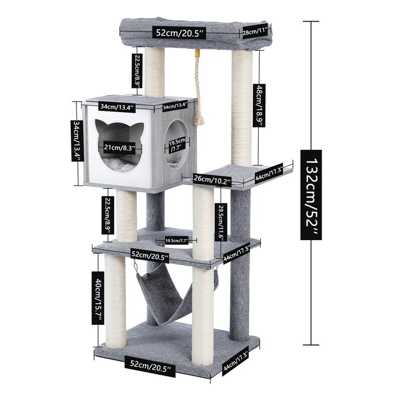 Cat Tree Multi-Level Modern Wooden Cat Tower with Hammock and Scratching Posts and Cat Condo - Gray