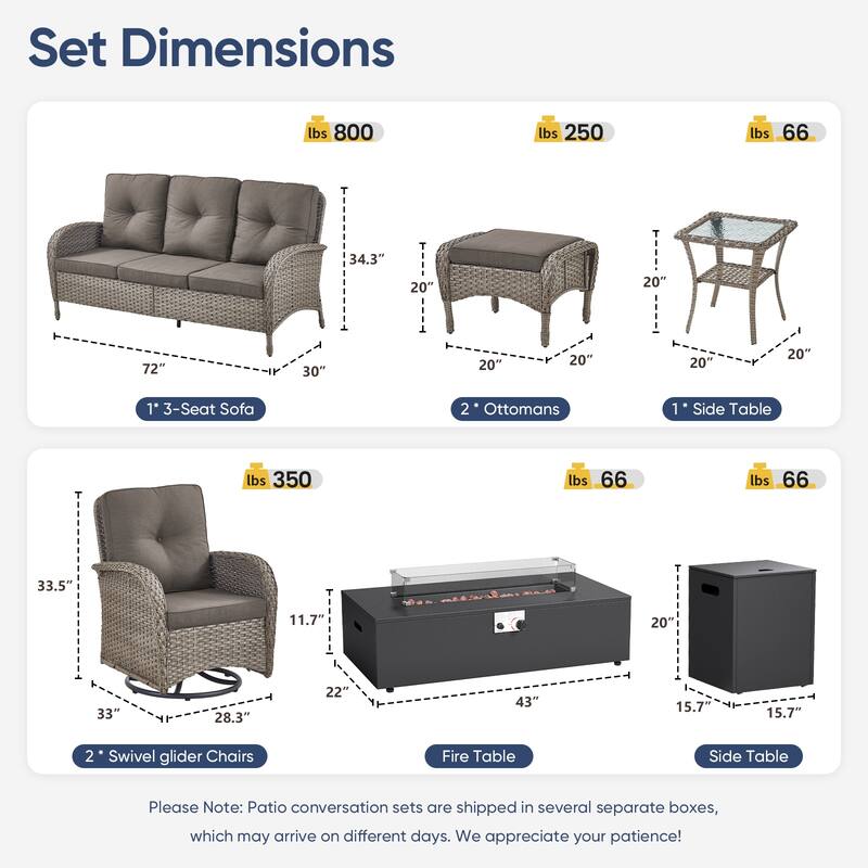Pocassy 5/7 Piece Sofa Swivel Chair Ottoman with Fire Pit Table