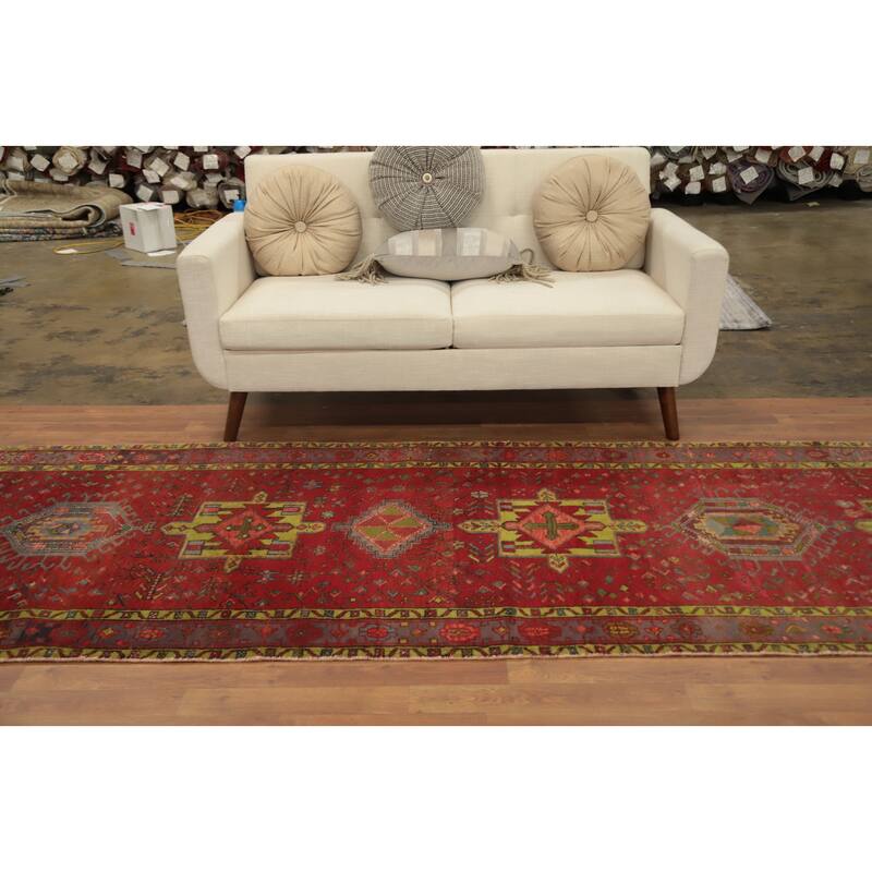 Hand Knotted Oriental 100% Wool Carpet Traditional Geometric Red Heriz Runner Rug - 11' 2'' X 3' 8''