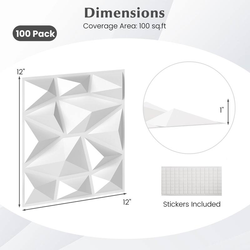 White PVC 3D Wall Panels Set of 100 with Diamond Pattern for 100 sq.ft