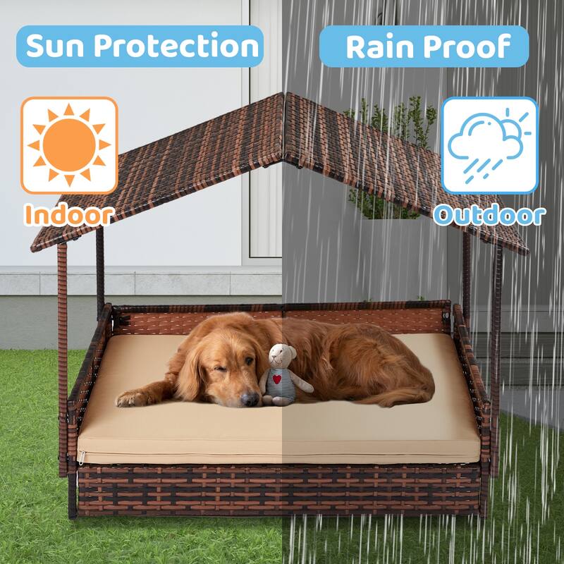 Elevated Rattan Dog Bed with Canopy and Washable Cushion Cover Perfect for Small Dogs - 31.3”L x 26.6”W x 24.4”H