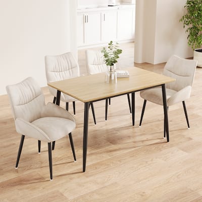Stylish Dining Table Set for 4-6 People, 5-Piece Modern Wood Grain Table and Velvet Plush Chairs with Black Metal Legs