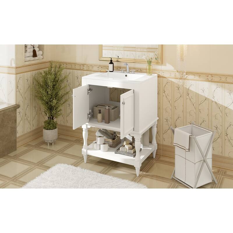 24 inch Modern Luxury Bathroom Vanity with Ceramic Sink, Bathroom Cabinet with Open Shelf and Closed Storage