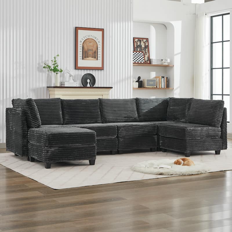 Corduroy Sectional Couch with Storage, U Shaped Sectional Sofa with Ottoman, Modular Sectional Couches 