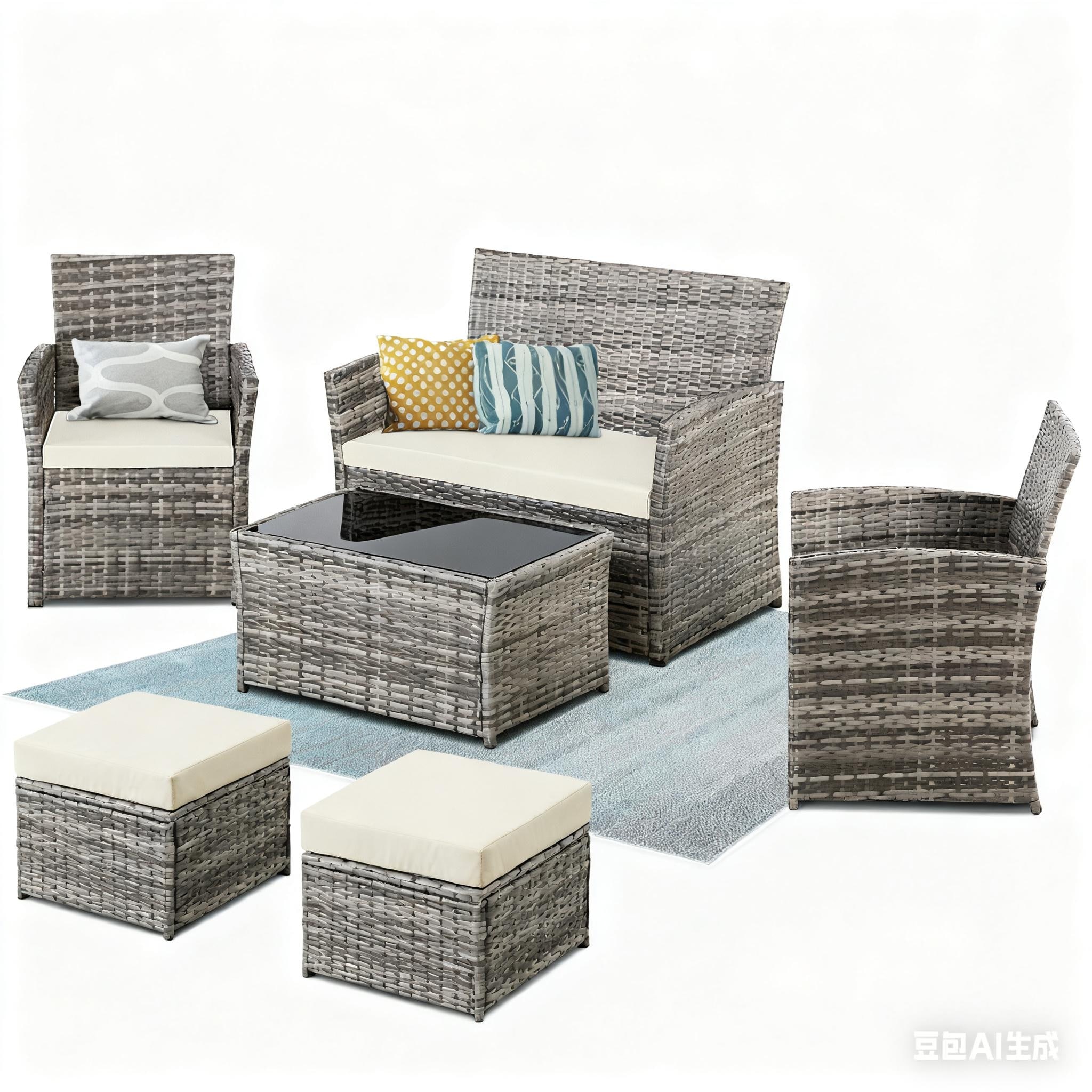 6-Piece Wicker Outdoor Sofa Set, 1 Loveseats, 2 Chairs, 2 Ottomans and 1 Table