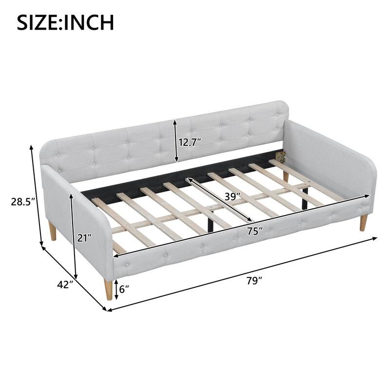 Twin/Full/Queen Size Upholstered Daybed with 4 Support Legs, Linen Fabric Daybed Frame Sofa Bed with Button Tufted Design