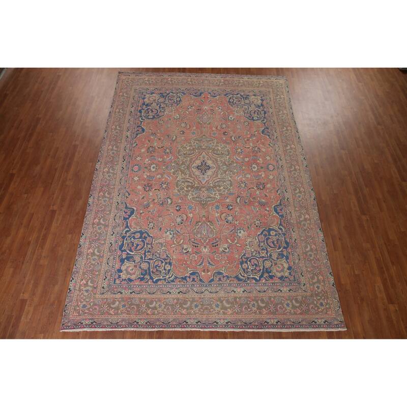Traditional Mashad Persian Vintage Area Rug Hand-knotted Wool Carpet - 8'10" x 12'7"