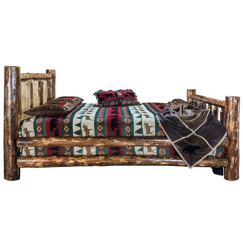 King Bed - Laser Engraved Wolf Design - Rustic Log Bed - Durable Mortise & Tenon Joinery - 94x80x47"