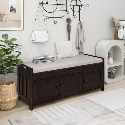 Storage Bench with Storage Cabinets and Lift Up the Panel, Shoe Bench with Removable Cushion and Shutter-Shaped Doors
