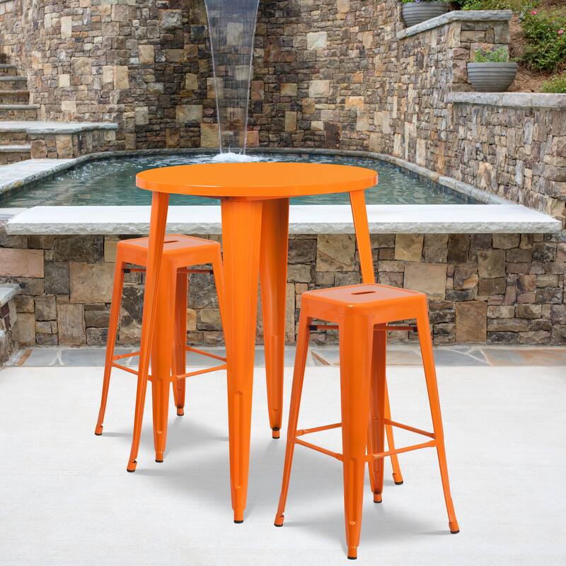 30'' Round Metal Indoor-Outdoor Bar Table Set with 2 Square Seat Backless Stools - 30"W x 30"D x 41"H - 30"W x 30"D x 41"H - Orange