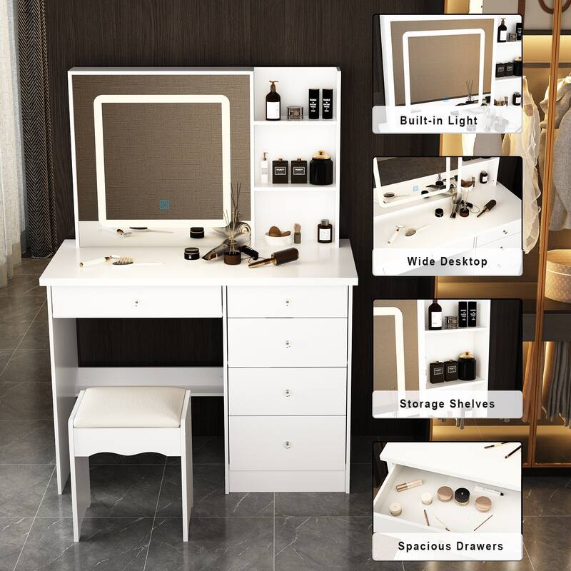 Makeup Vanity Set with Stool and 3 Color Touching Mirror Dresser Table - 39.4"W