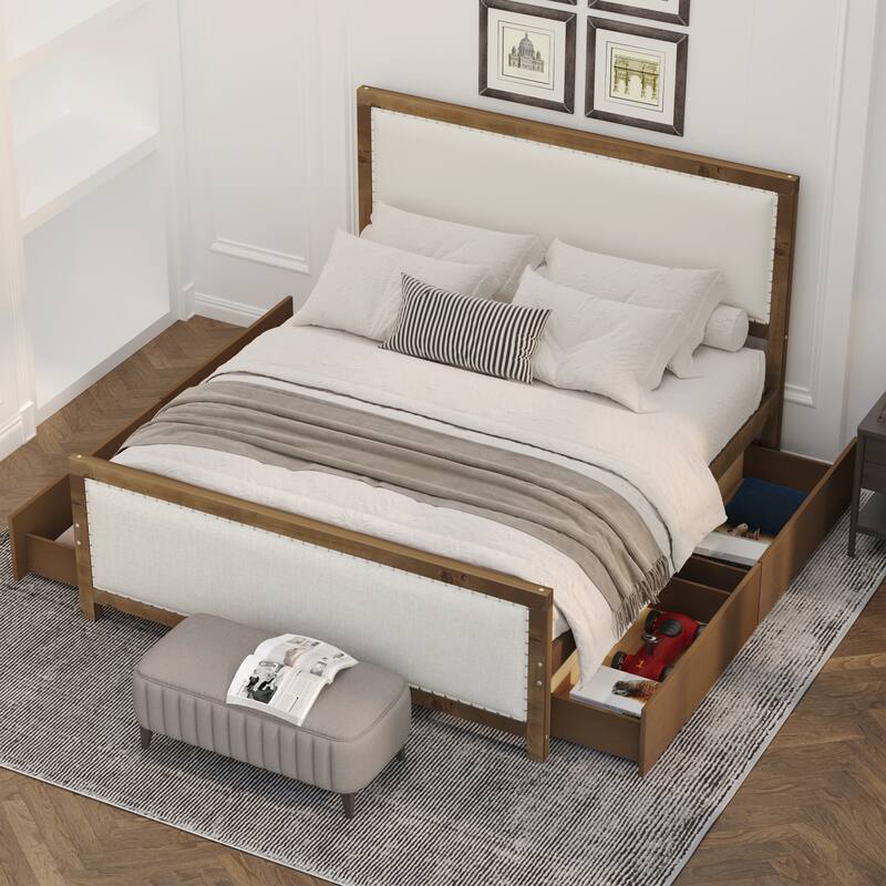 Full Size Upholstered Platform Bed with Wood Frame and 4 Drawers
