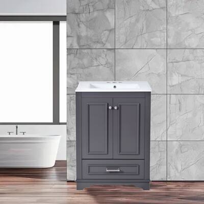 24" Modern Bathroom Vanity with Adjustable Shelves, Ceramic Sink Combo & Soft-Close Doors