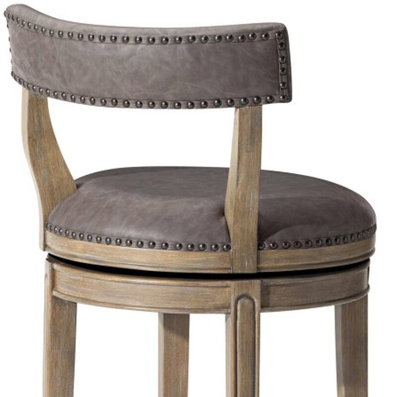 HomeRoots 31" Gray and Cool Gray Faux Leather and Solid Wood Low Back Bar Height Swivel Bar Chair