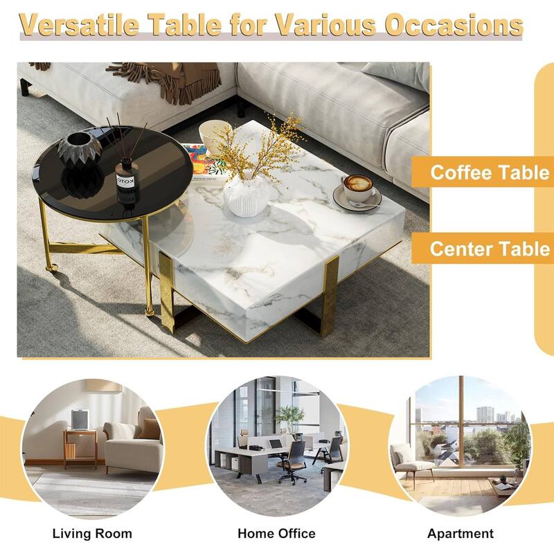 Modern Luxury Square Faux Marble Coffee Table Set Nesting Coffee Table with End Table