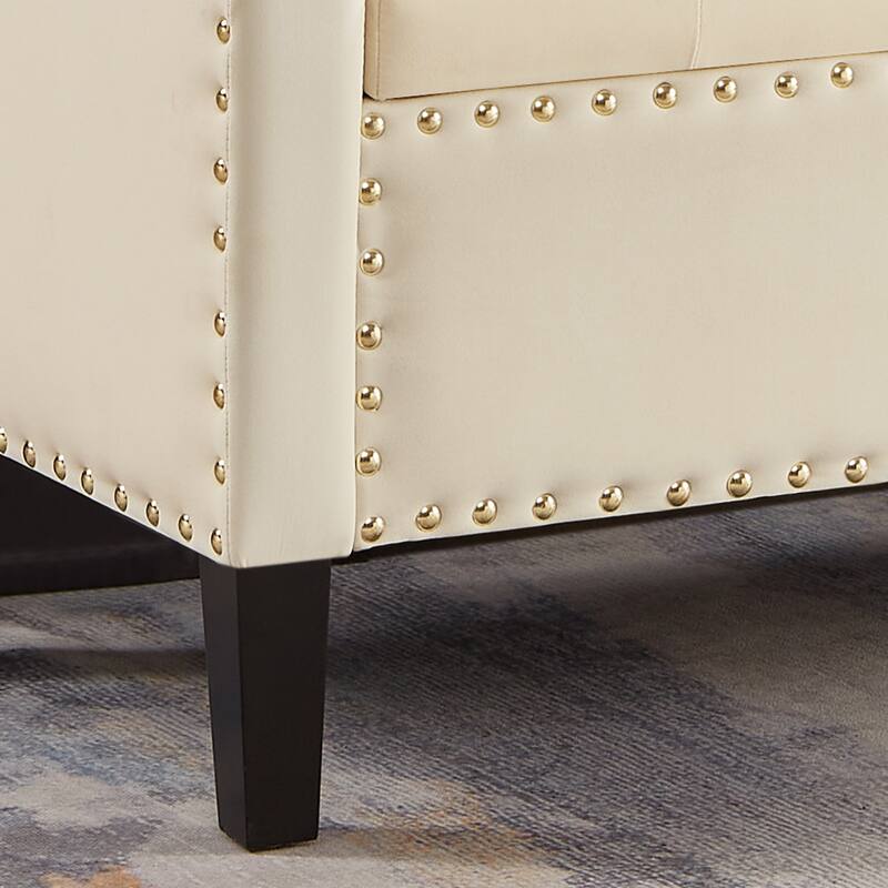 Cream Velvet Upholstered Storage Bench with Nail Trim, Armrests - Entryway Seat
