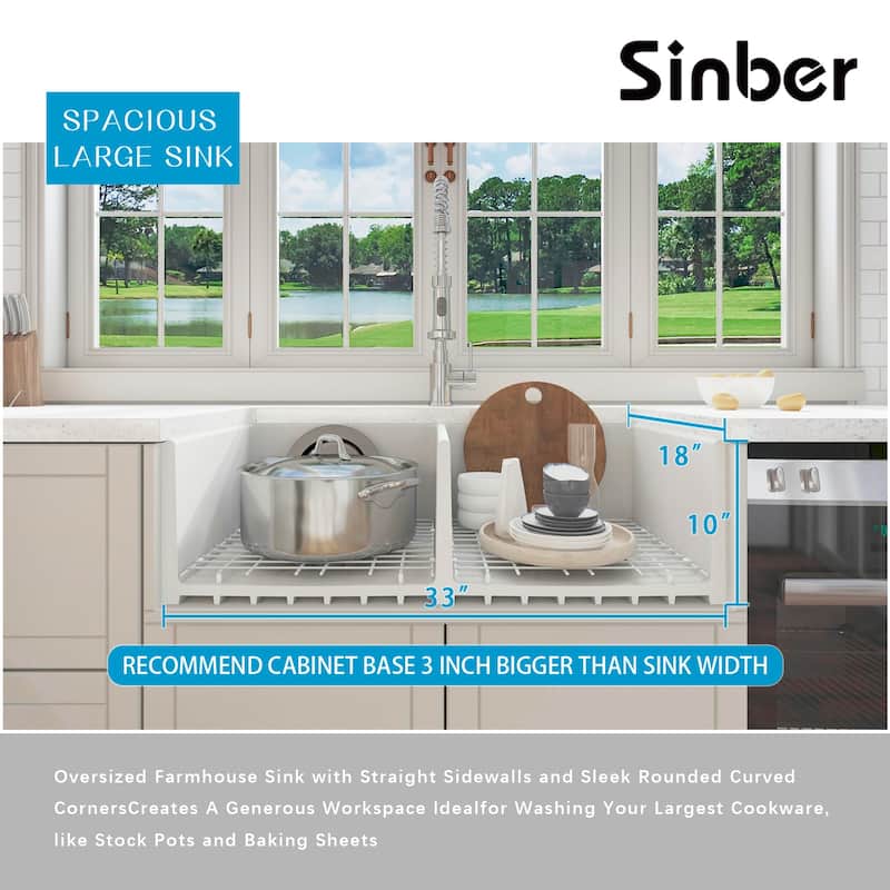 Sinber 33 Inch Drop in Double Bowl Kitchen Sink with Fireclay White Finish 2 Accessories