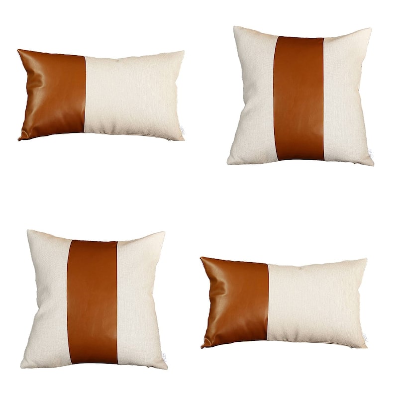 Bohemian Mixed Set of 4 Vegan Faux Leather Brown Solid Throw Pillow Cover
