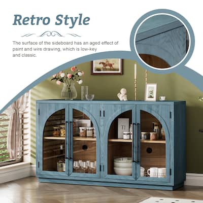 Navy Buffet Sideboard Large Storage Cabinet Console Table with 4 Arched Doors & Adjustable Shelves for Kitchen Dining Room