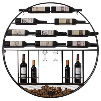 Vintage Decorative Modern Black Metal Round Wall Mounted Wine Display Rack with Cork and Glass Holder
