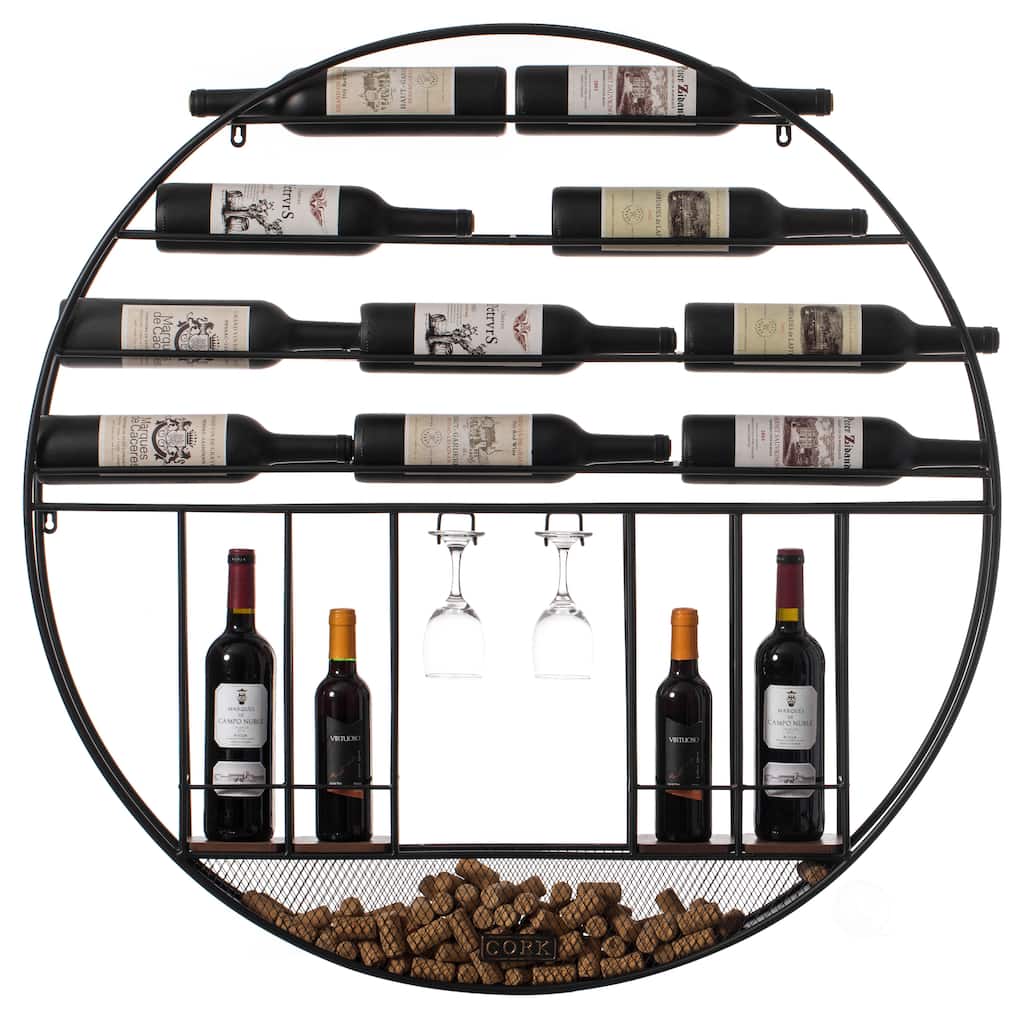 Vintage Decorative Modern Black Metal Round Wall Mounted Wine Display Rack with Cork and Glass Holder