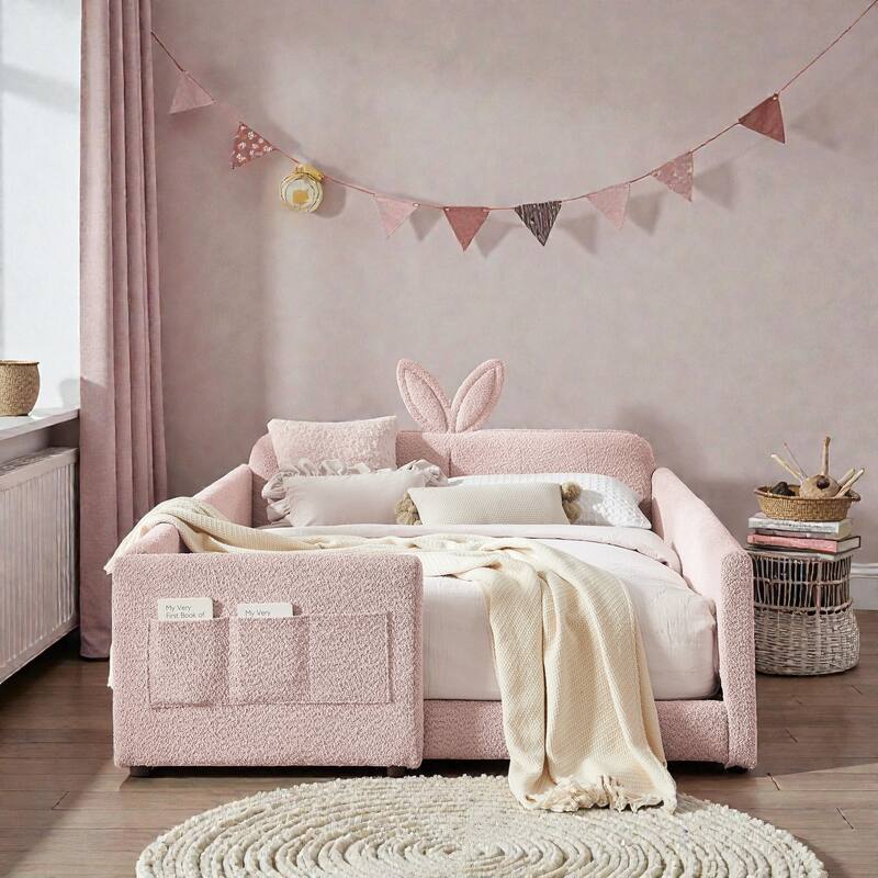 Full Size Upholstered Platform Bed with Rabbit Ear Headboard, Boucle Fabric Kids Bed with Safety Rail and Pocket