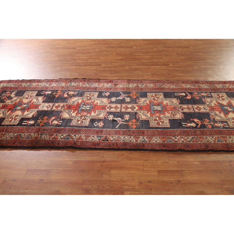 Navy Blue Ardebil Persian Vintage Runner Rug Hand-knotted Wool Carpet - 3'9"x 10'8"