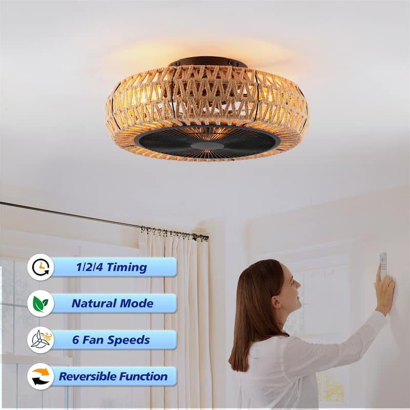 20" Vintage Rope Ceiling Fan Light w/ Remote Control 6 Speed Adjustable Airflow, NOT Included Bulbs