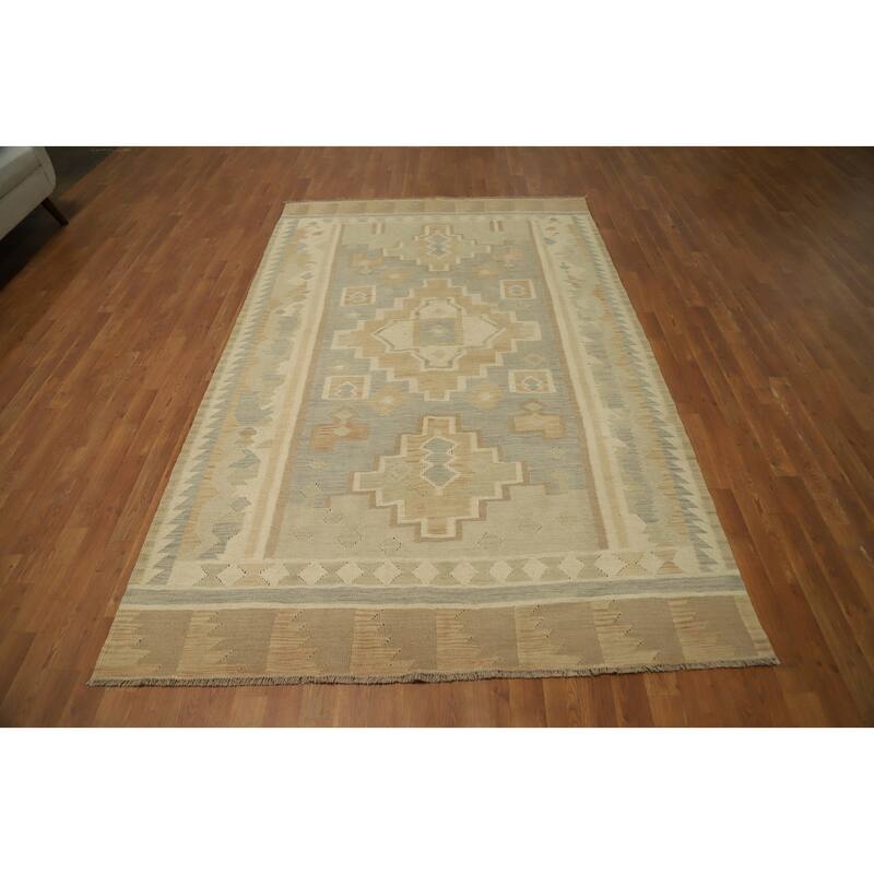 Hand Woven Oriental 100% Wool Carpet Southwestern Tribal Greys & Charcoal Kilim Area Rug - 9' 1'' X 5' 8''