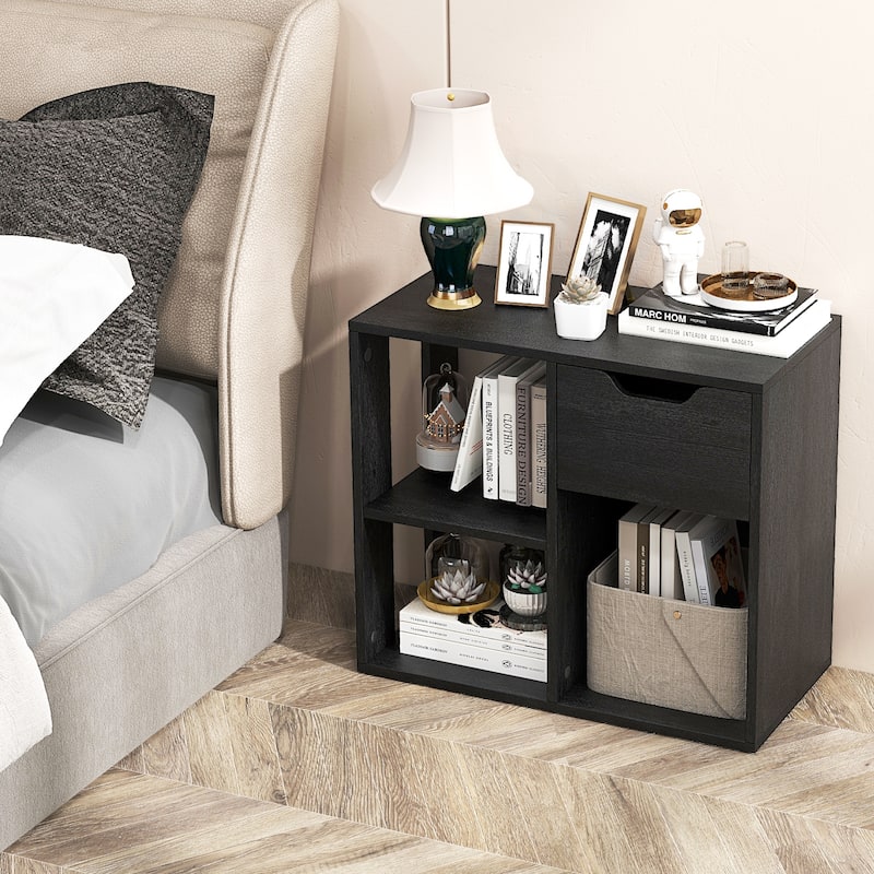 2-Tier Wooden Bookcase with Pull-out Drawer for Bedroom or Living Room