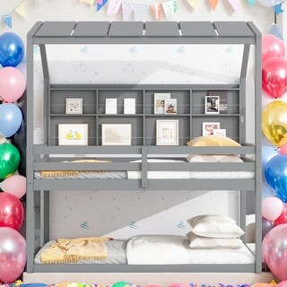 Modern Twin over Twin Loft Bed with Guardrails,Semi-enclosed Roof,Bedside Shelves and Ladder for Bedroom