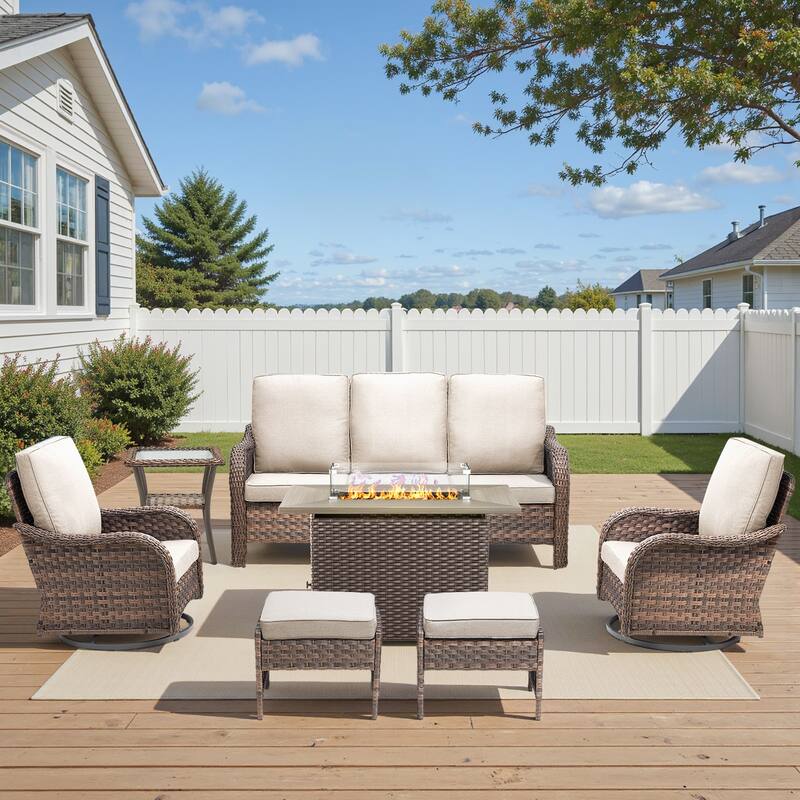 Pocassy Patio Funiture Sofa Swivel Chairs Ottoman with Fire Table Set - Beige Cushion - Brown Wicker - 7-Piece Sofa Swivel Chair Ottoman w/ Fire Table