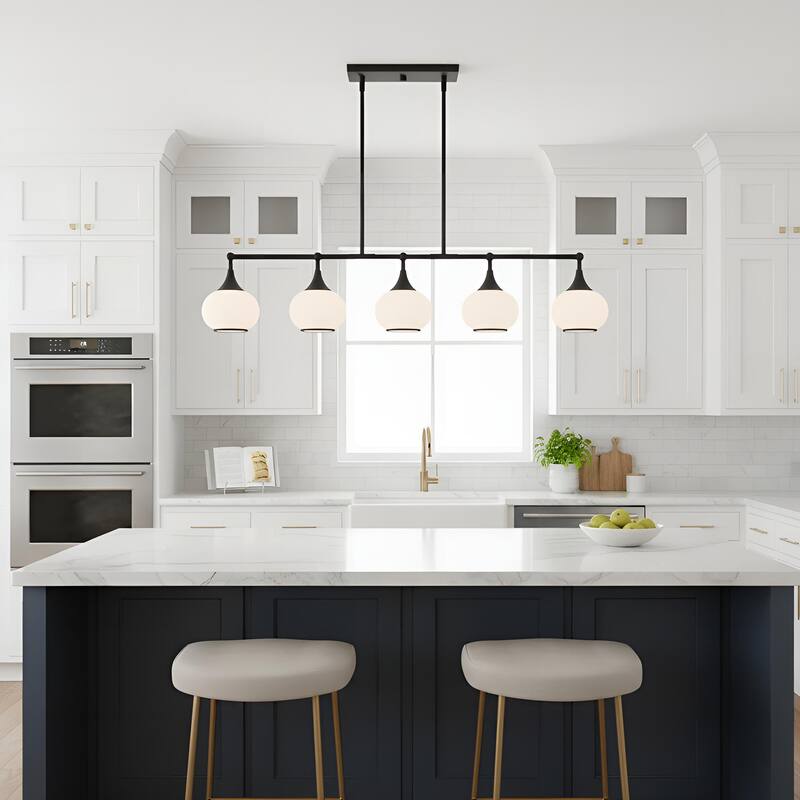 Acroma 5-light Modern Linear Chandelier with Opal Glass Globe Shade Kitchen Island Light