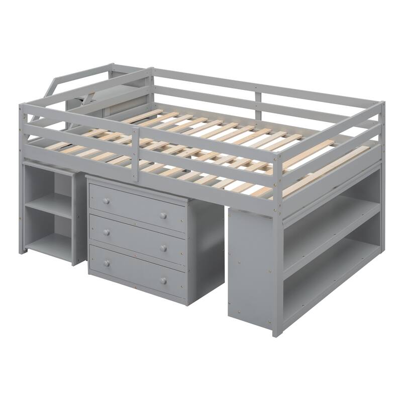 Loft Bed with Retractable Desk Drawers Shelf Staircase Full Size