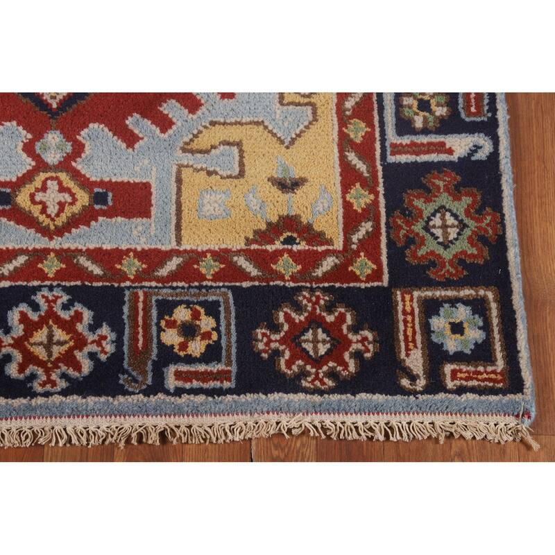 Blue Geometric Kazak Oriental Foyer Rug Handmade Wool Carpet - 4'0"x 5'10"