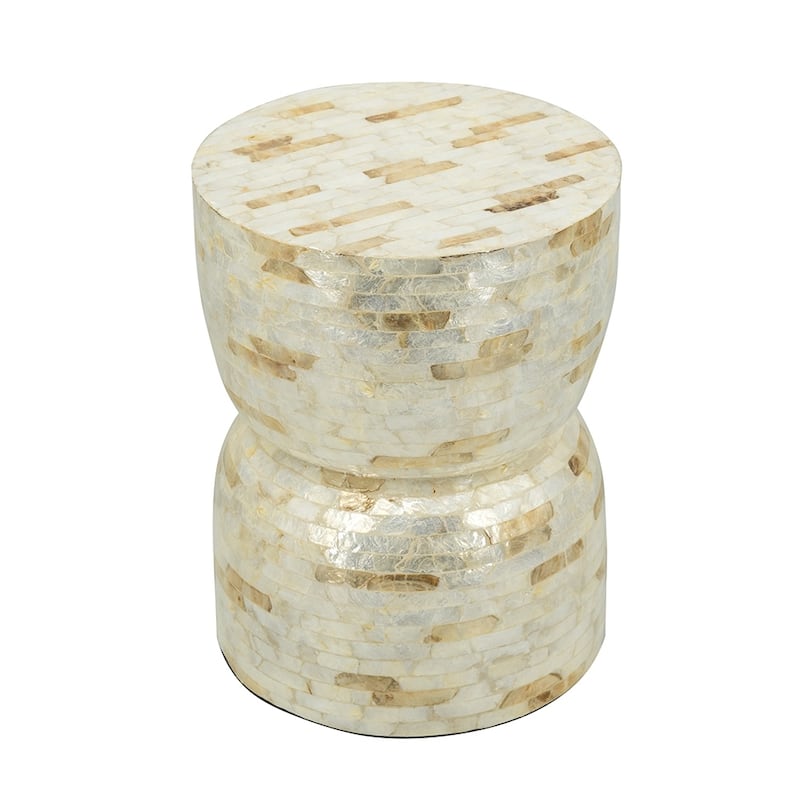 14x14x18" Decorative Bamboo Hourglass Stool With Gold And White Capiz Shell Finish