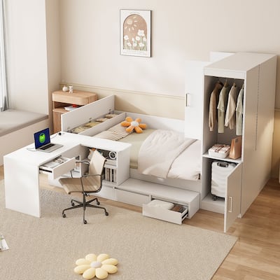 Full Size Corner Bed Frame with 6 Drawers, Wood Platform Storage Bed with Shelves and Wardrobe & Desk, Modern Floor Bed Frame