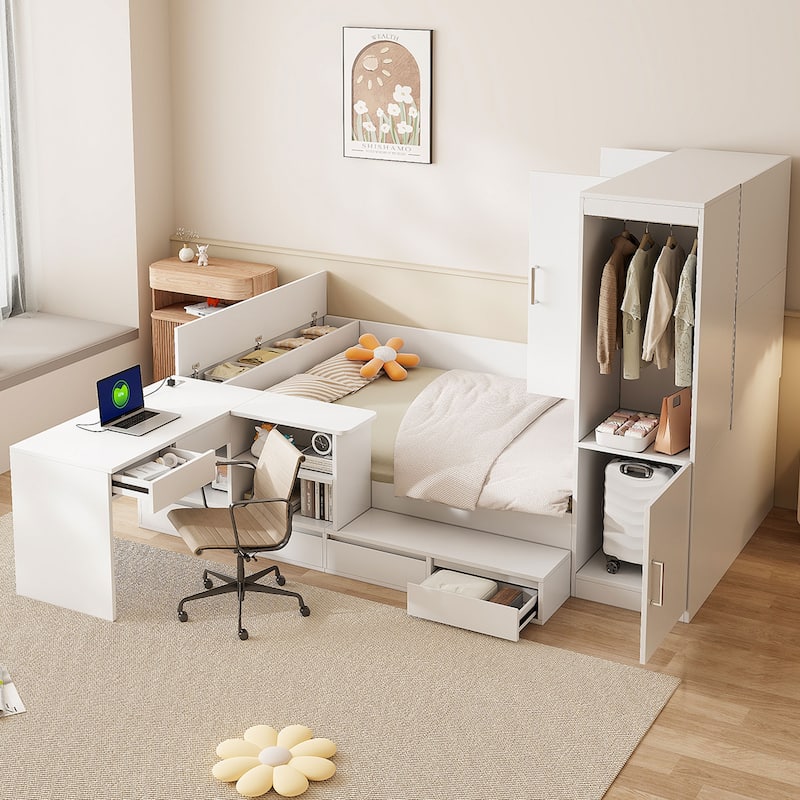 Full Size Wooden Platform Bed With 6 Drawers, Shelves, Desk And Wardrobe - White