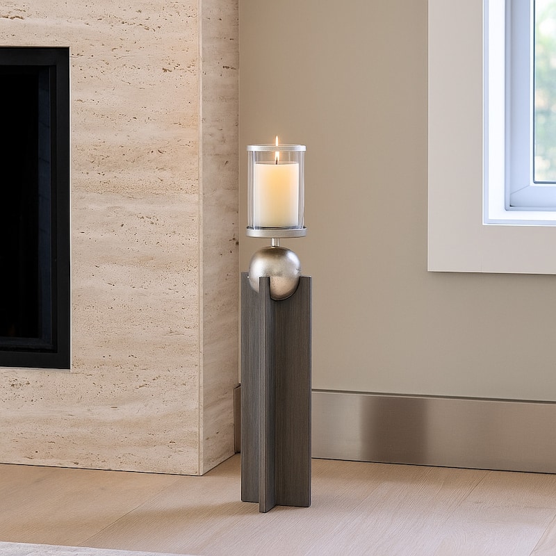 Candle Holder - Gray Wood Pillar with Metal Sphere
