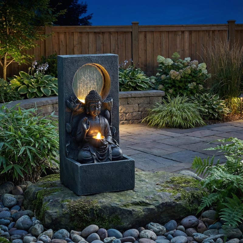 GDFStudio - Zen Fengshui 28" H Outdoor Freestanding Buddha Water Fountain with Calm Cascading Waterfall & LED Lights