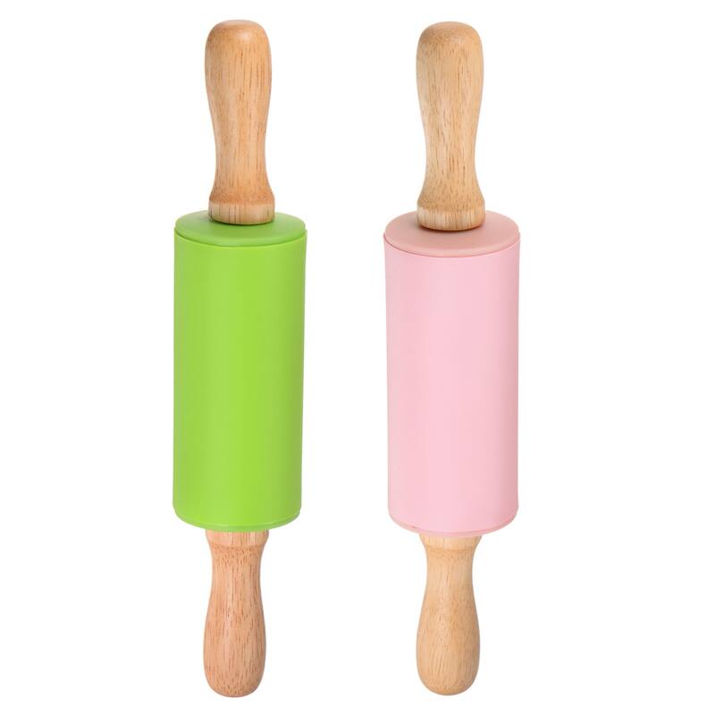 Silicone Rolling Pins for Baking Wood Handle 23.5cm x 4.2cm Green & Pink - Green & Pink