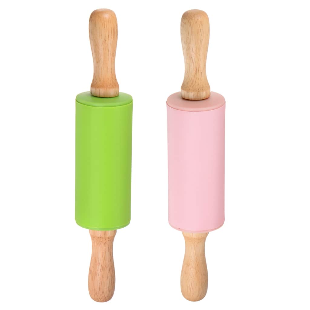 Silicone Rolling Pins for Baking Wood Handle 23.5cm x 4.2cm Green & Pink - Green & Pink
