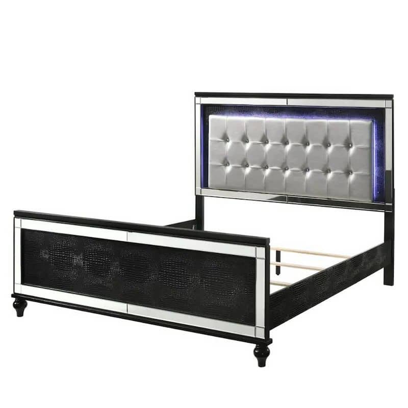 Lee Queen Size Bed, LED, Tufted Faux Leather Upholstery, Textured Black