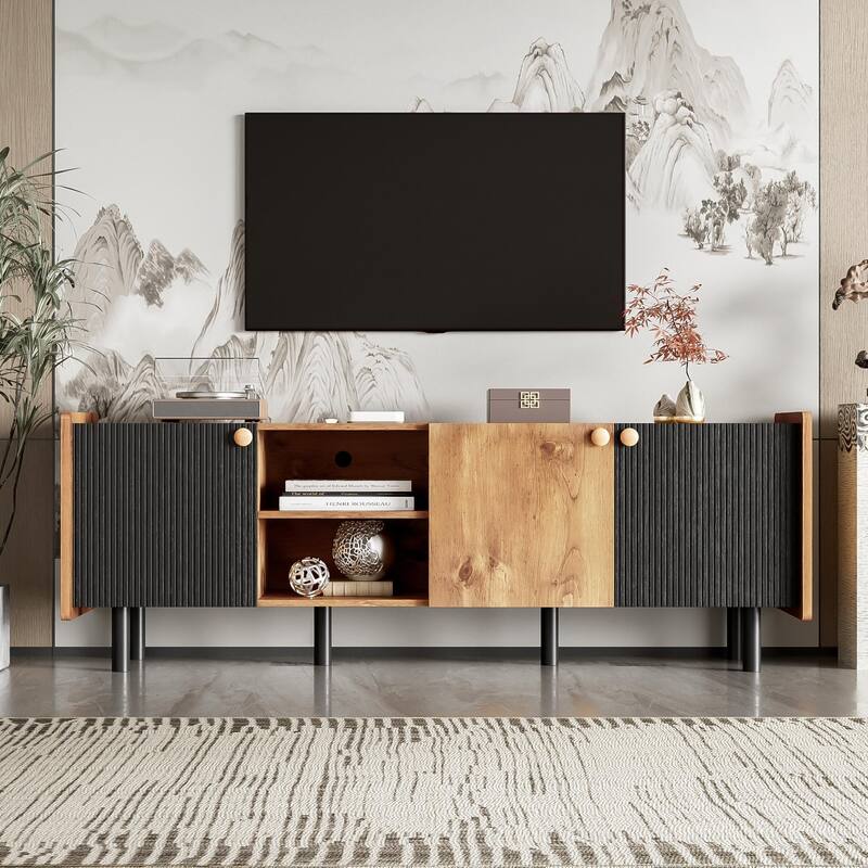 61" Mid-Century TV Stand with 3 Cabinets, Open Storage Media Console for TVs up to 70" - Black